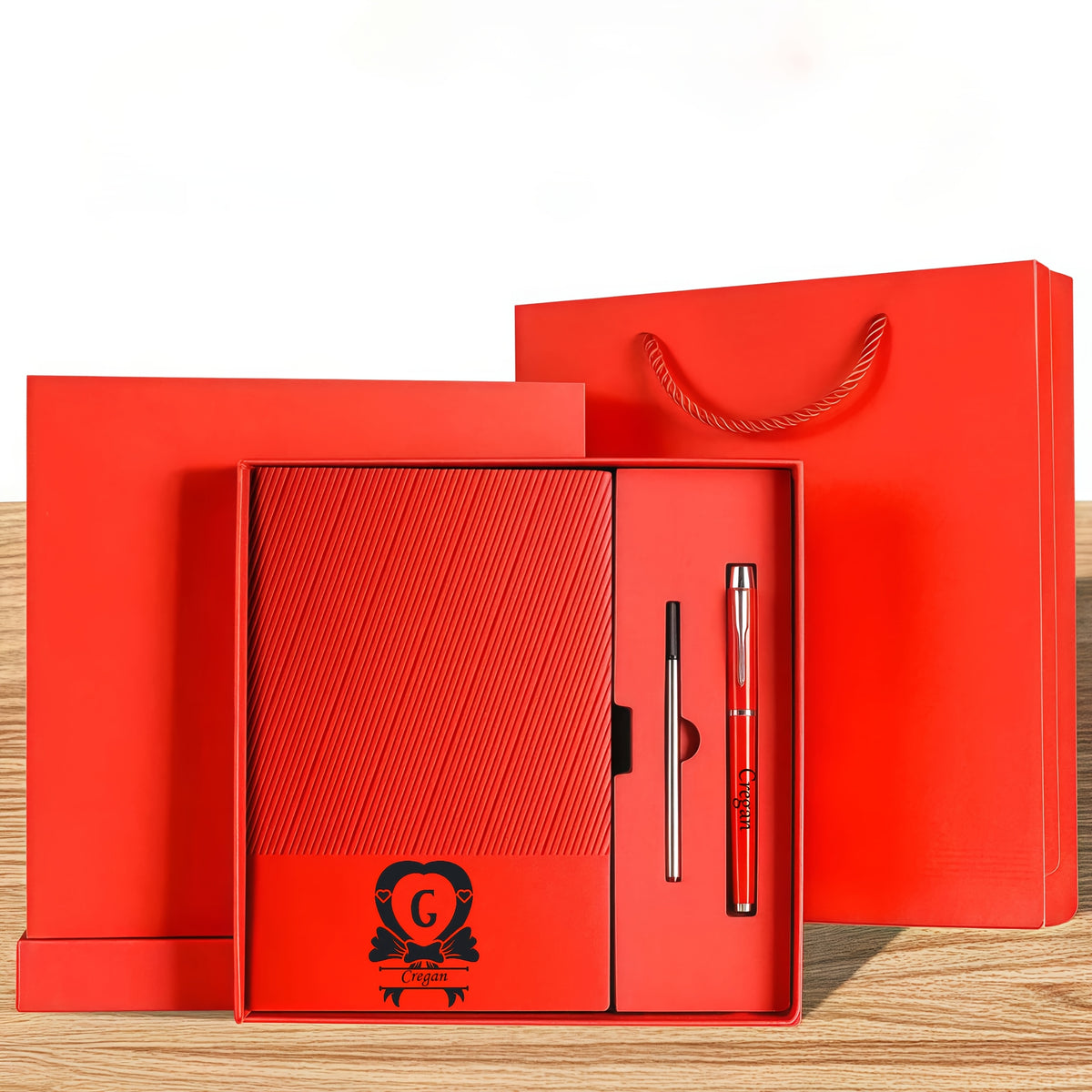 Personalized A5 Notebook Set with Pen Red Faux Leather Journal