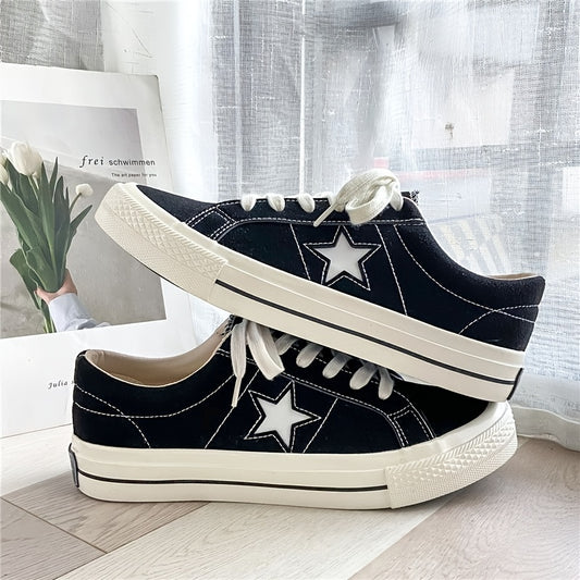 Women's Star Pattern Canvas Shoes Low Top Lace Up Round Toe Flat Casual Shoes