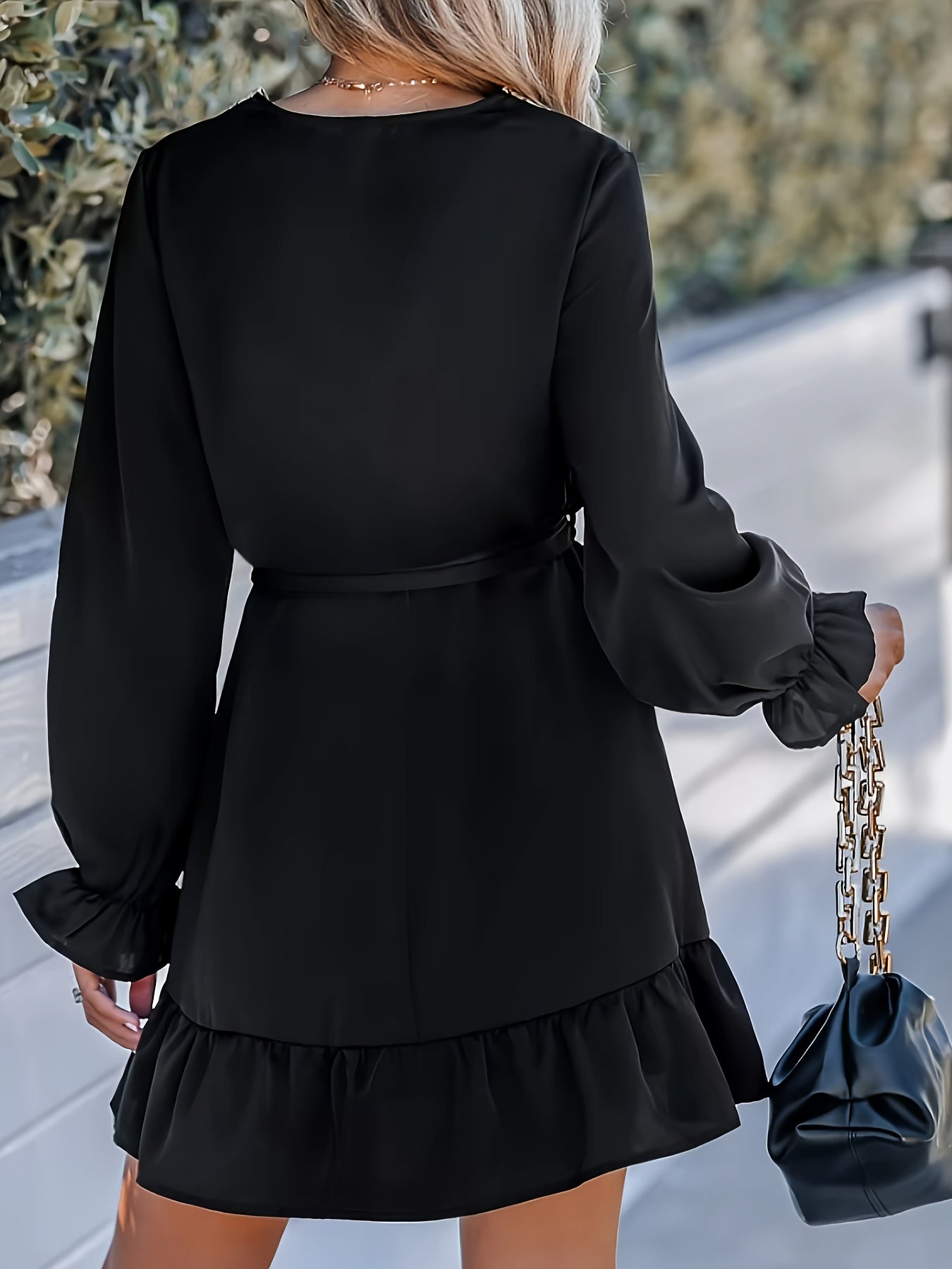  Dress Solid Applique Flounce Sleeve V Neck Ruffle Trim