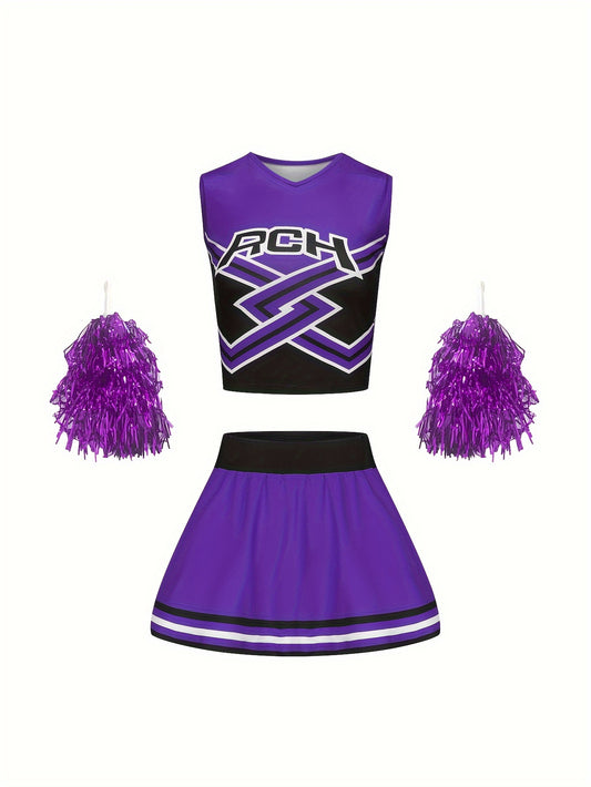 Girls Cheerleading Outfit with Poms for Sports Party Performance