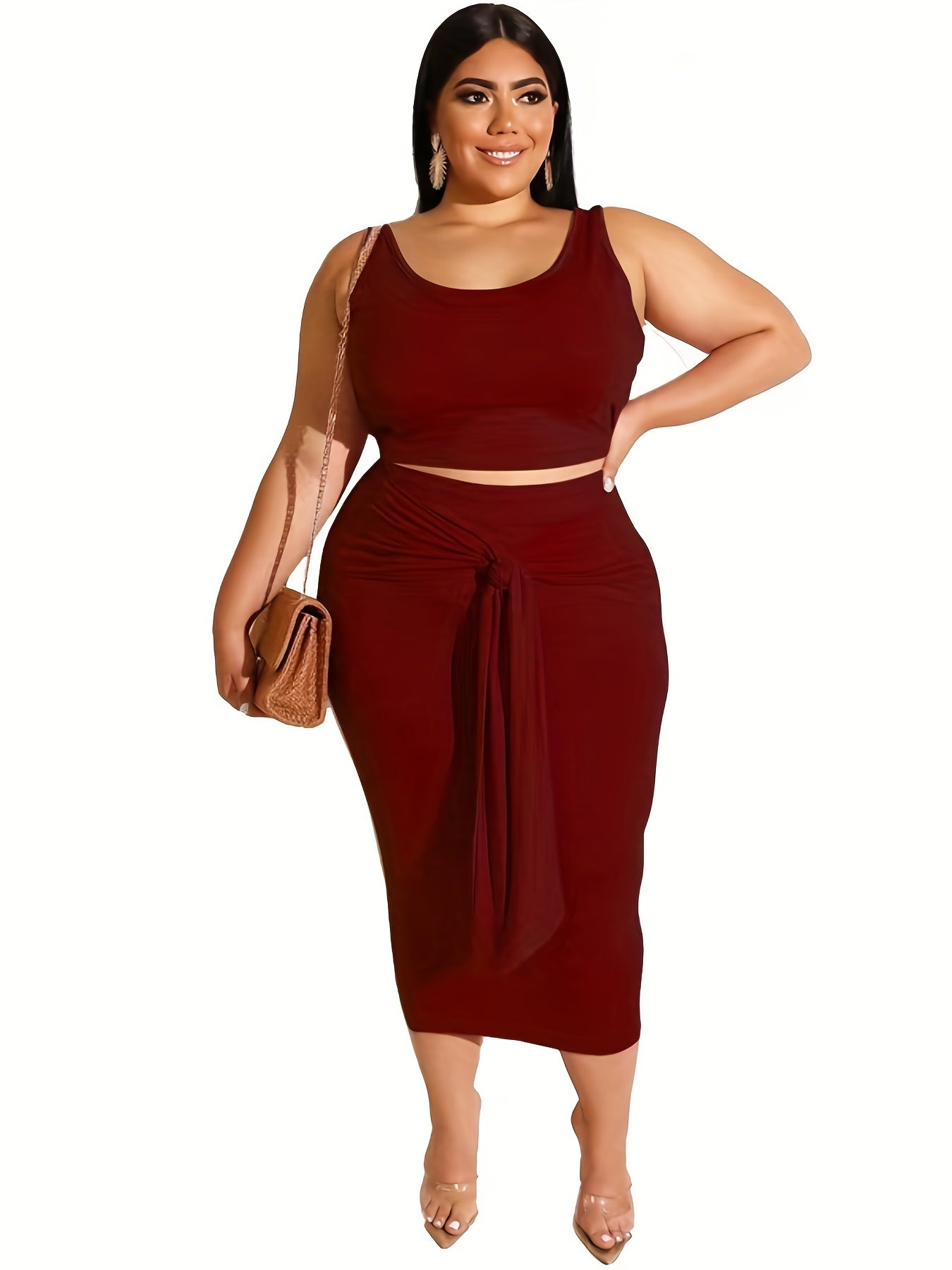  Solid Crop Tops & Pencil Skirt Set Women's Slight Stretch 2pcs Outfits