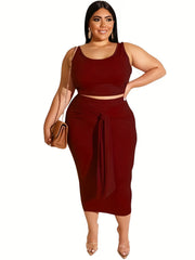  Solid Crop Tops & Pencil Skirt Set Women's Slight Stretch 2pcs Outfits
