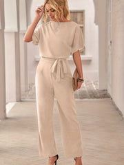 Solid Crew Neck Short Sleeve Jumpsuit High Waist Wide Leg Long Length With Belt