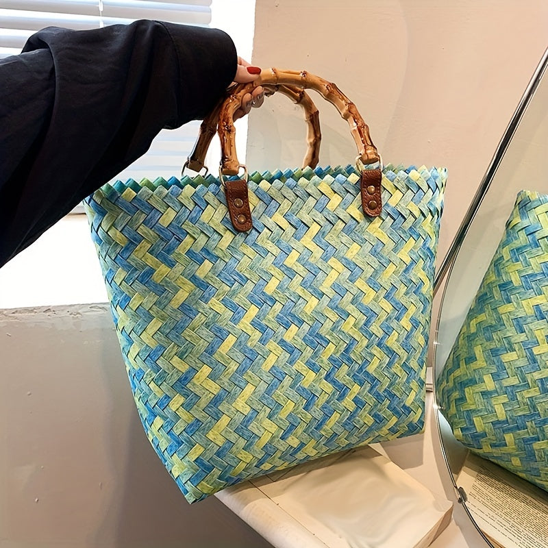 Straw Woven Beach Bag with Bamboo Handle Boho Style Handbag