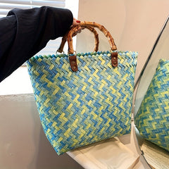 Straw Woven Beach Bag with Bamboo Handle Boho Style Handbag