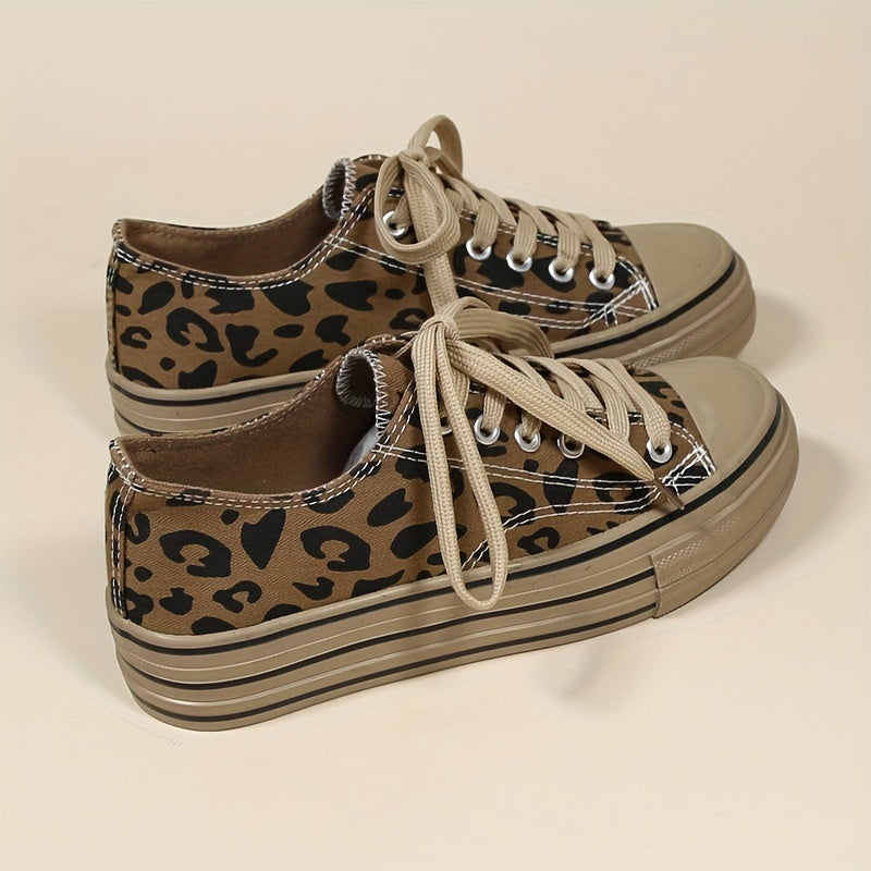 Leopard Print Canvas Platform Shoes Lace Up Low Top Women's Shoes
