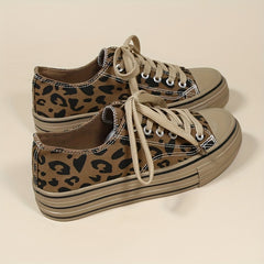 Leopard Print Canvas Platform Shoes Lace Up Low Top Women's Shoes