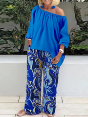  One Shoulder Top & Floral Wide Leg Pants Set