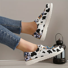 Cow Print Flat Canvas Shoes Sunflower Lace Up Sneakers