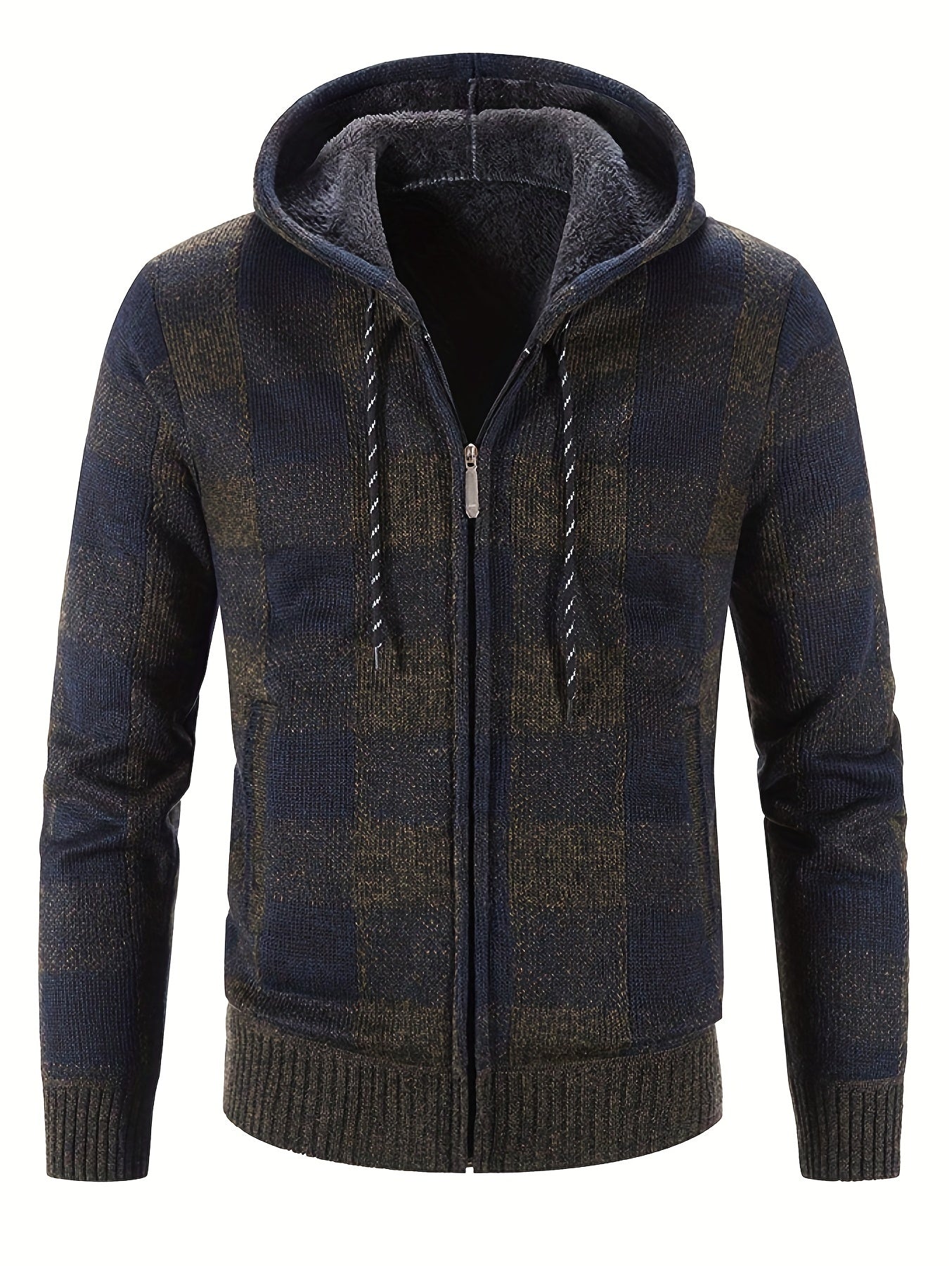 Men's Full Zip Up Casual Hooded Cardigan Plaid Sweater Jacket