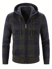 Men's Full Zip Up Casual Hooded Cardigan Plaid Sweater Jacket