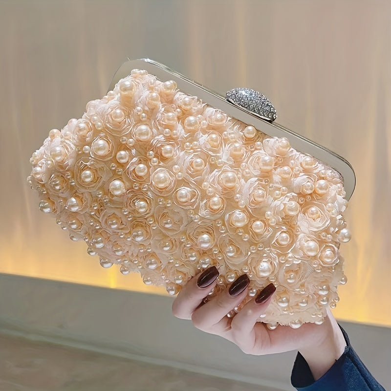 Pearl Decor Wedding Clutch Purse Top Ring Evening Bag