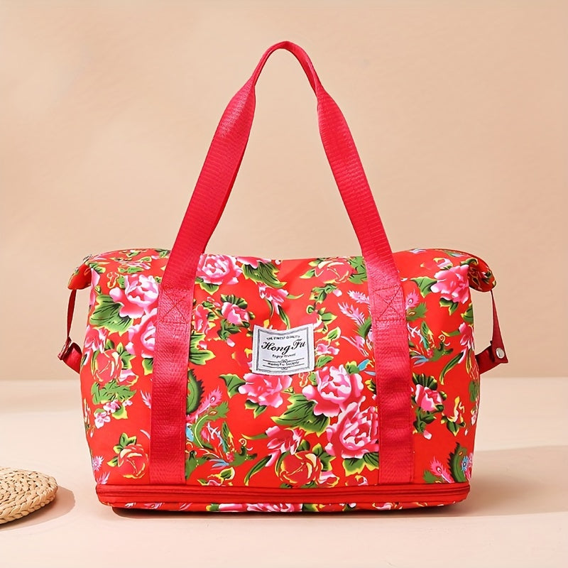 Floral Print Oxford Cloth Travel Bag Large Capacity & Waterproof