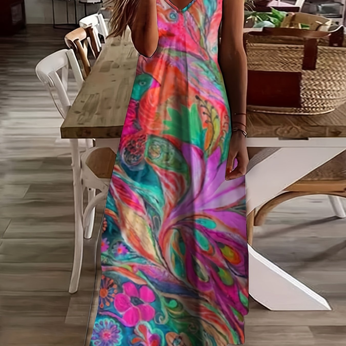  Graphic Print V-Neck Maxi Dress