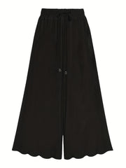  Solid Wide Leg Drawstring Pants Women's Plus Slight Stretch