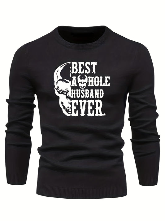 Skull & Letter Print Sweater Men's Casual Retro Style Mid Stretch Crew Neck Pull