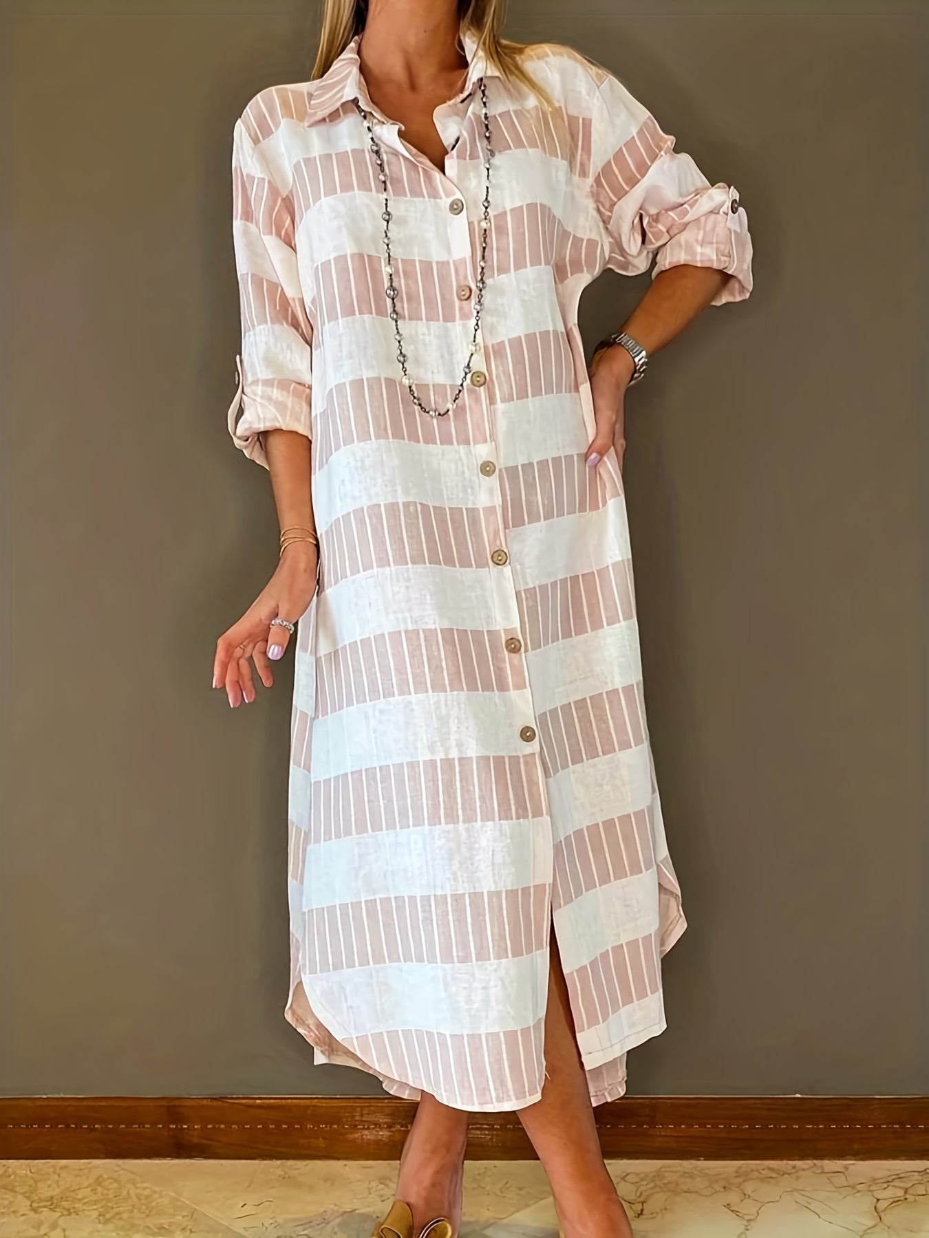  Colorblock Stripe Print Button Up Roll Sleeve Maxi Shirt Dress