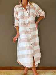  Colorblock Stripe Print Button Up Roll Sleeve Maxi Shirt Dress