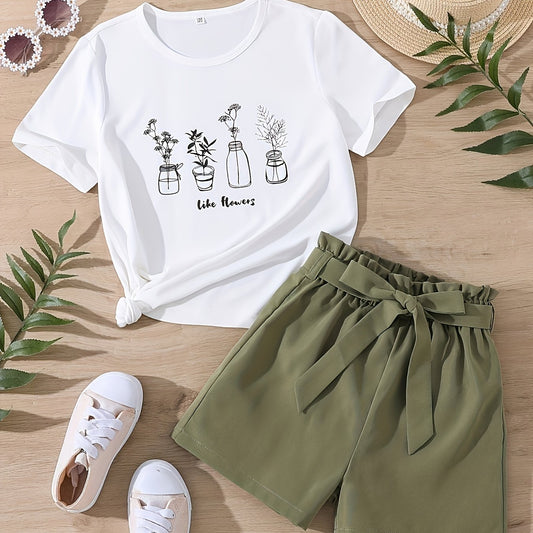 Girls Flowers Graphic Tee & Belted Shorts Set Summer Outfit