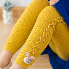 Girls Side Frill Trim Knit Leggings Flower Bunny Footless Tights Pants
