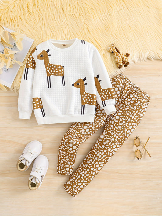 Toddler Girl's Deer Pattern 2pcs Waffle Texture Sweatshirt & Leggings Set