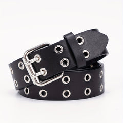 Leather Metal Eyelet Belt Double Pin Buckle Casual Punk Rock Belt