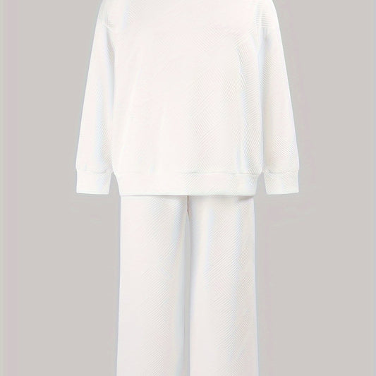  Solid Long Sleeve Round Neck Pullover Top & Pants Two Piece Set