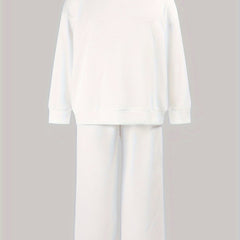  Solid Long Sleeve Round Neck Pullover Top & Pants Two Piece Set