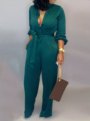 Solid Button Belted Jumpsuit Casual Long Sleeve Jumpsuit