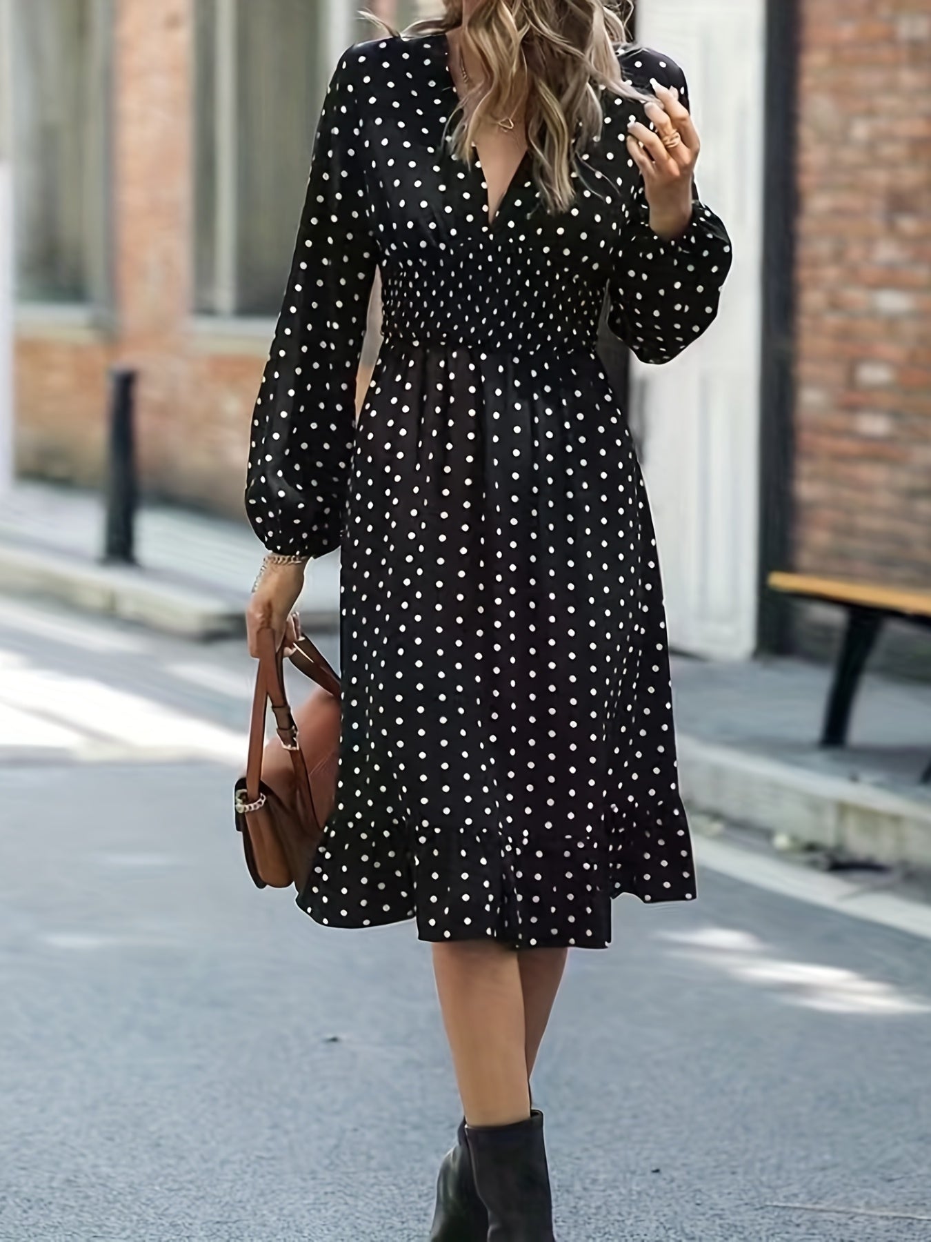  Polka Dot Print Lantern Sleeve V Neck Ruffle Trim Midi Dress