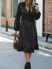  Polka Dot Print Lantern Sleeve V Neck Ruffle Trim Midi Dress