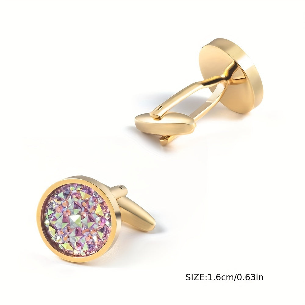 Gold Rhinestone French Cufflinks - Round Cuff Studs