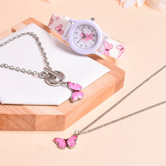 3pcs Butterfly Silicone Watch Strap & Necklace Bracelet Set for Girls