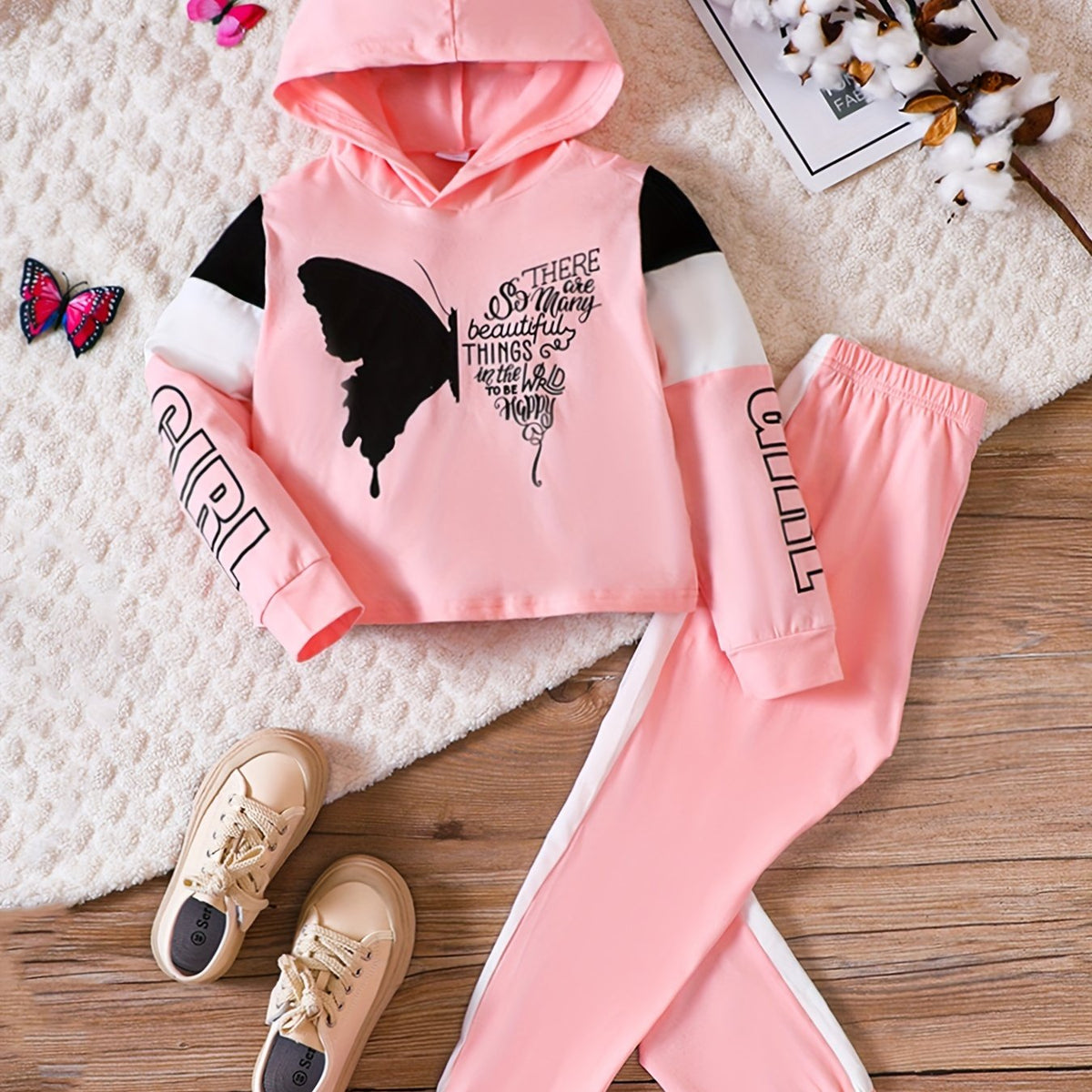 2pc Girl's Butterfly Print Hoodie & Pants Set