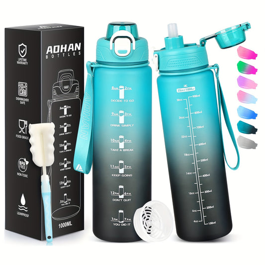 AOHAN 1L Water Bottle BPA Leakproof Straw Sports Bottle Filter Time Marker