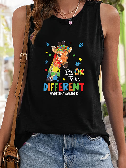 Giraffe & Letter Print Sleeveless Sports Vest Round Neck Stretchy Casual Tops