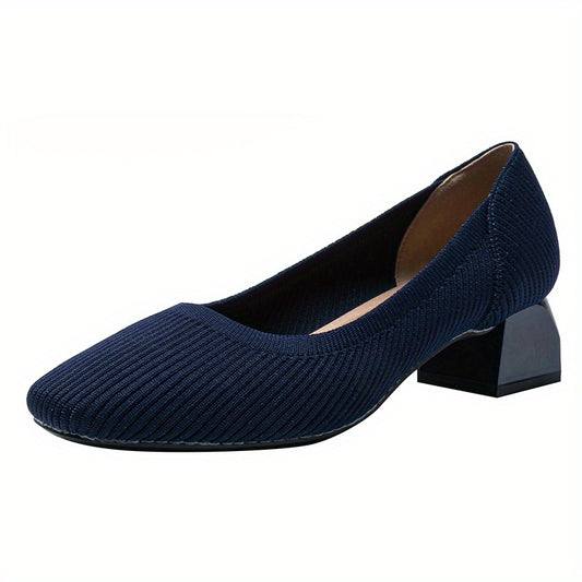 Women's Knitted Block Low Heels Square Toe Slip On Shoes