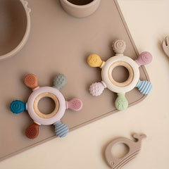 Silicone Baby Teether Rudder Shape Wooden Teether Ring Touch Training BPA Toy