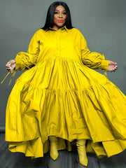  Tie Lantern Sleeve Ruffle Smock Dress