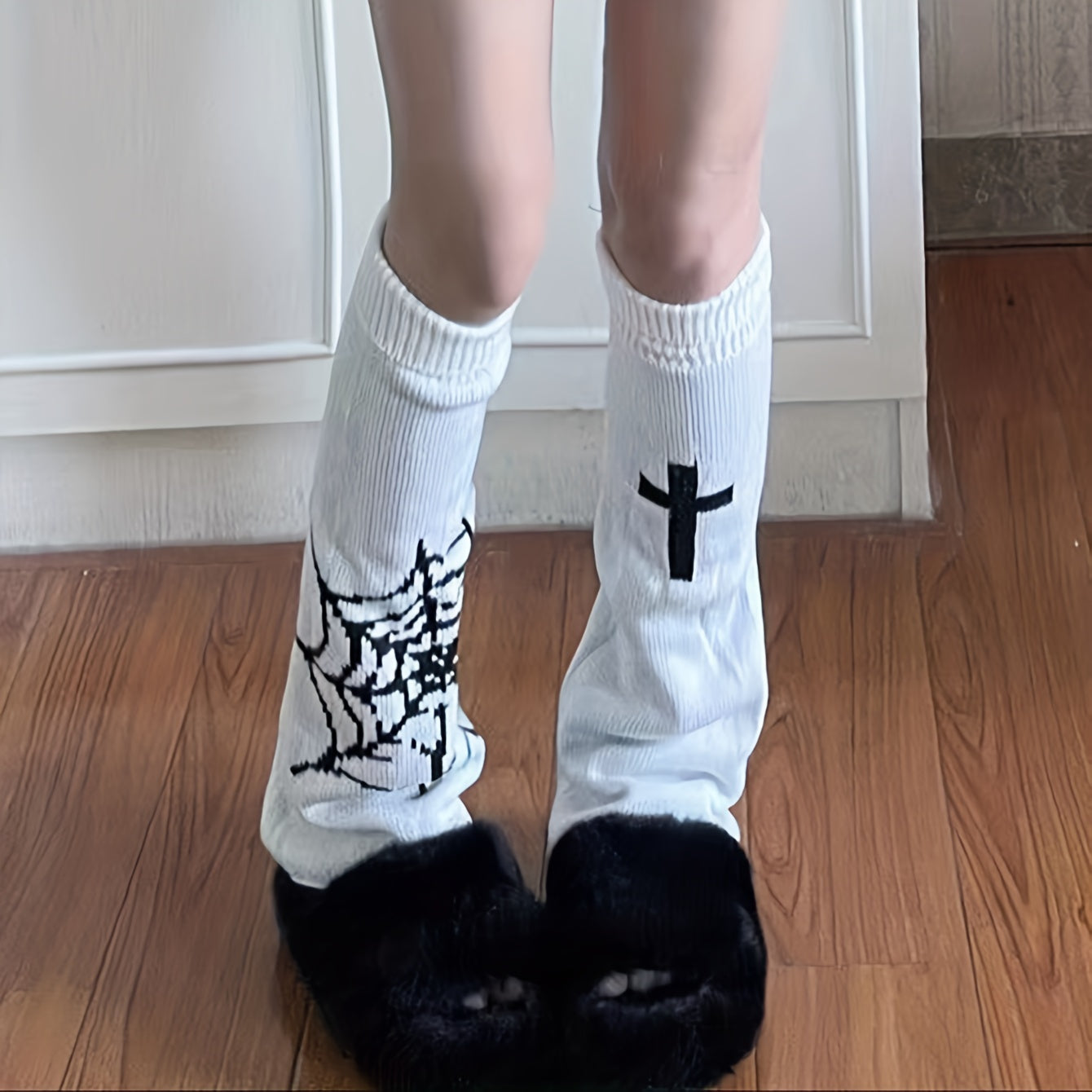 Gothic Spider Web Print Leg Warmers Asymmetrical Pattern Knee High Socks