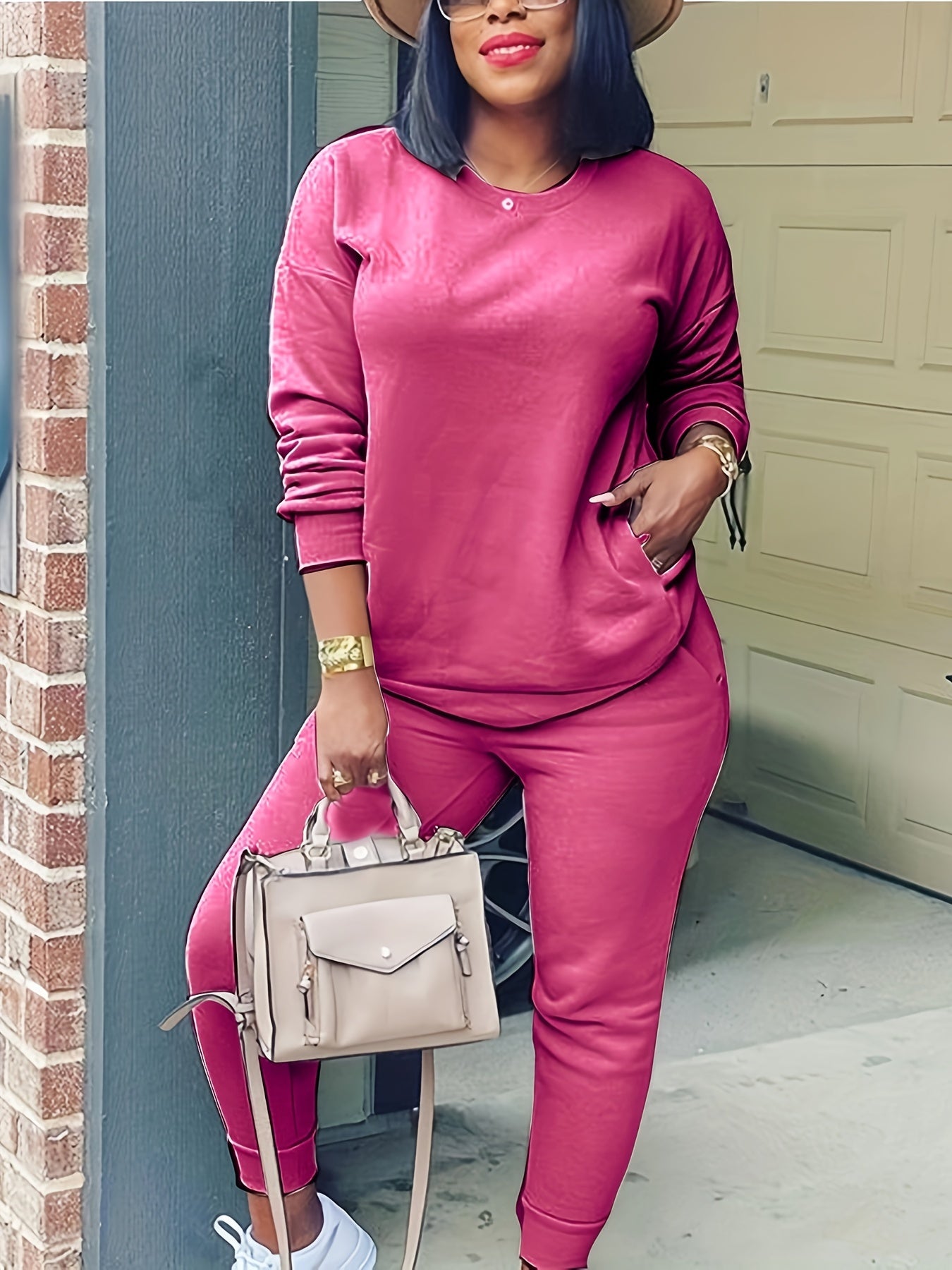 Solid 2 Pc Set Crew Neck Sweatshirt & Jogger Pants Outfit Women's Clothing
