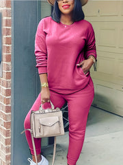 Solid 2 Pc Set Crew Neck Sweatshirt & Jogger Pants Outfit Women's Clothing