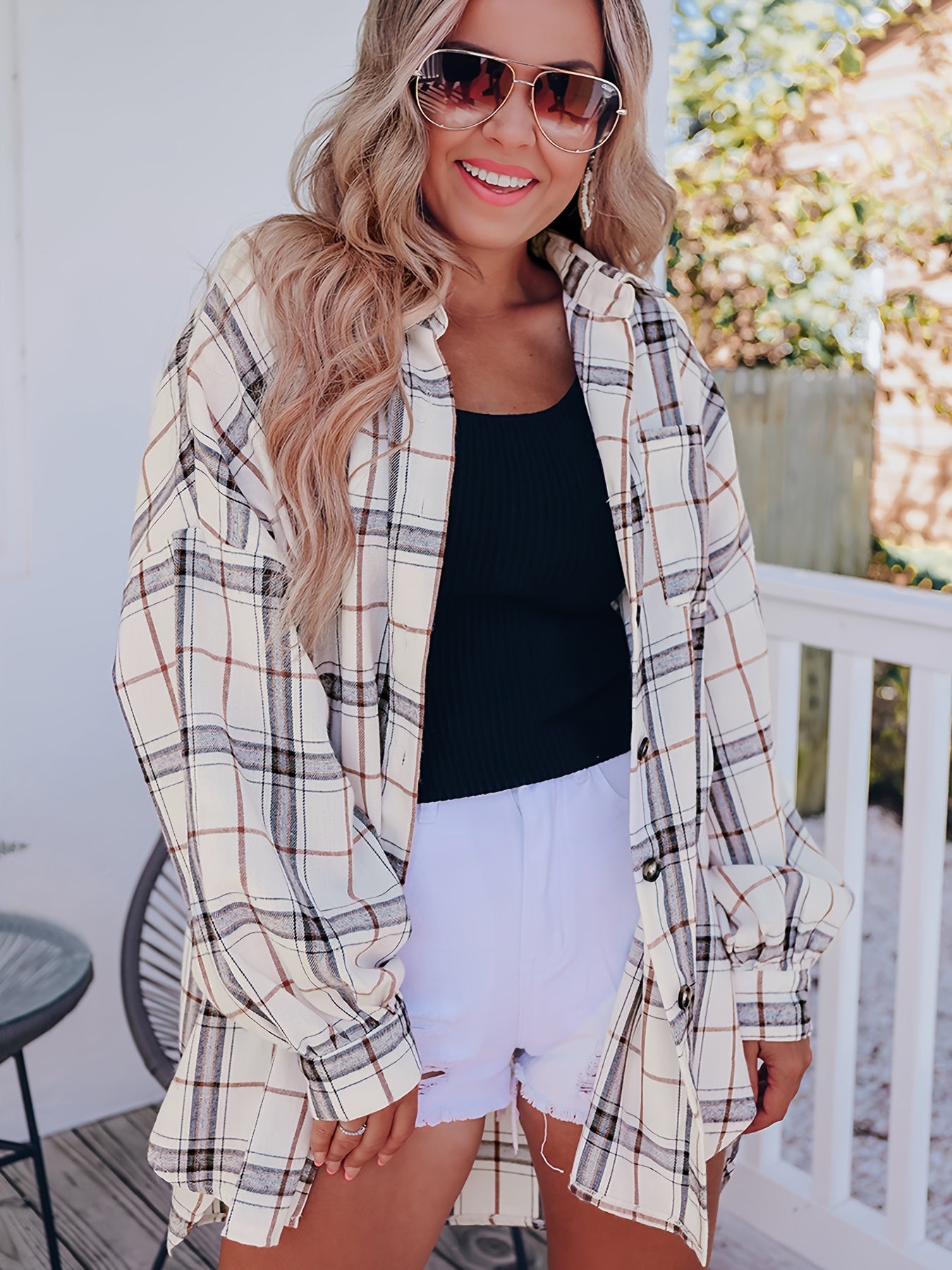 Plaid Shacket Side Split Button Up Casual Shirt Jacket