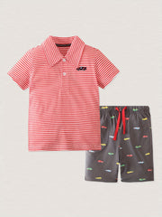 Cartoon Car Shorts & Striped T Shirt Set for Kids
