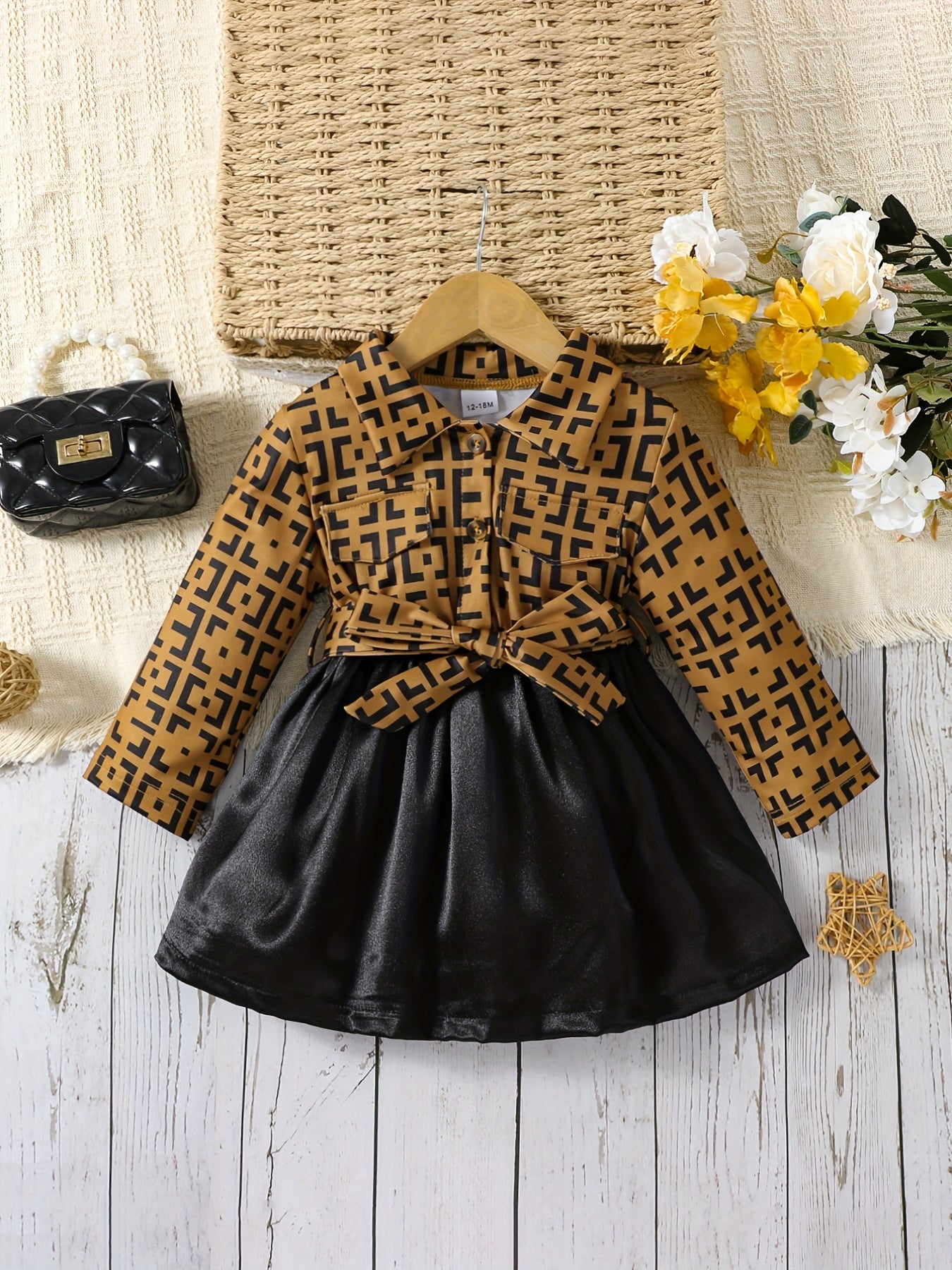 Girls Long Sleeve Pattern Print Contrast Dress With Bow Front