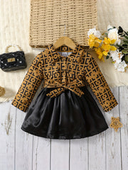 Girls Long Sleeve Pattern Print Contrast Dress With Bow Front