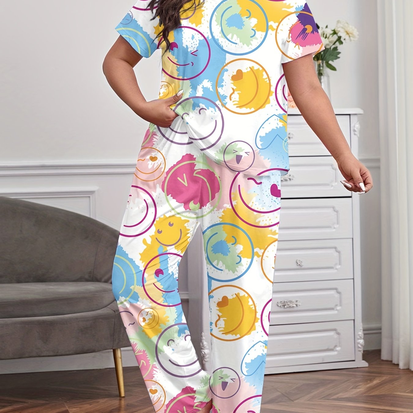  Tie Dye & Face Print Pajamas Two Piece Set