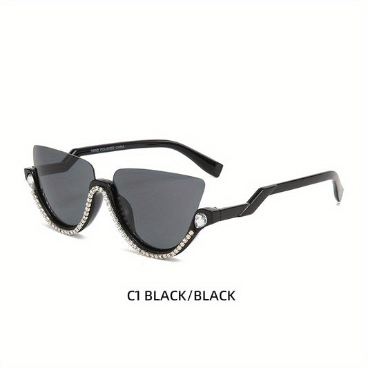 Y2K Cat Eye Semi Rimless Sunglasses with Rhinestones