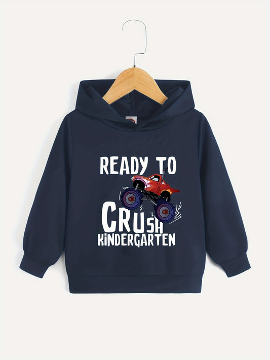Boys Cartoon Car & Letter Print Hooded Sweatshirt