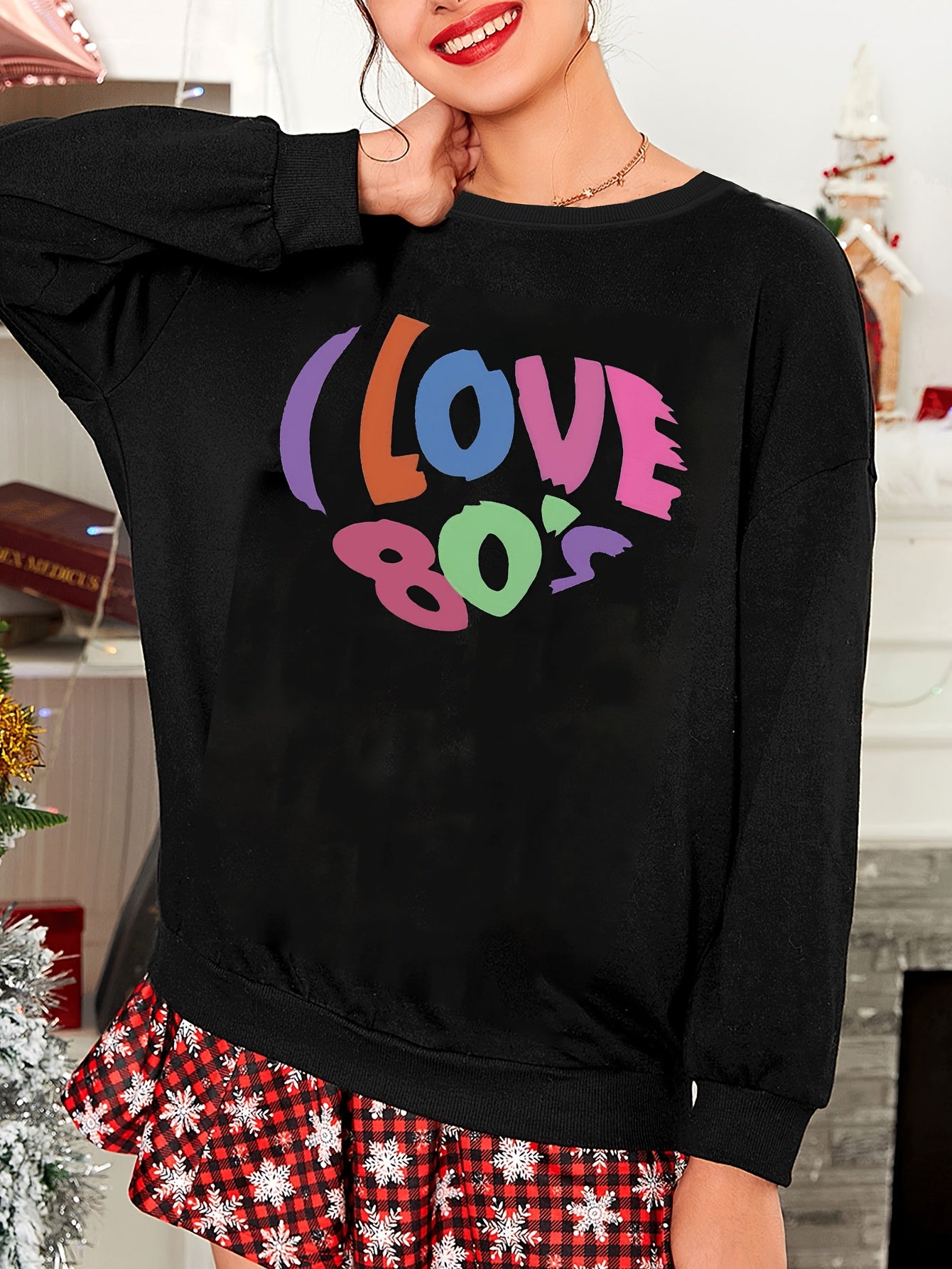  Lounge Top Women's Heart Print Long Sleeve Round Neck Sleepwear Tee